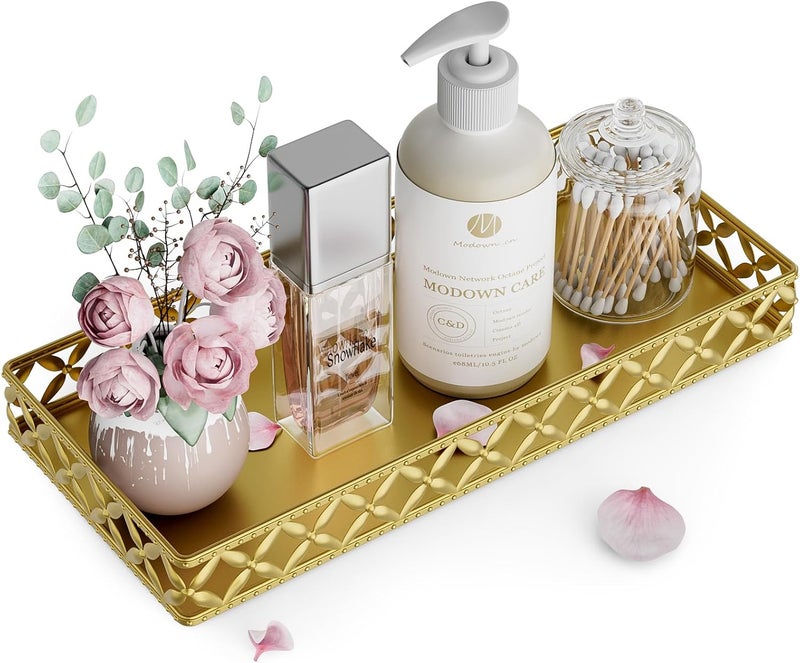 EKNITEY Bathroom Vanity Tray for Counter Organizer - 11 Inch Small Decorative Tray Gold Rectangle Countertop Tray for Perfume Makeup Cosmetic Jewelry - Image 1